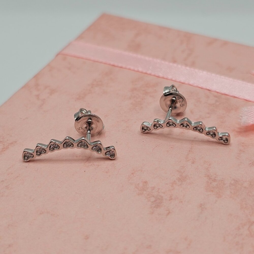 Sterling Silver 925 Rhodium Plated CZ Hearts Drop Stud Earrings - Picture 2 of 7